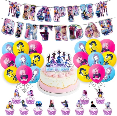 Geburtstagsdeko Set 30 Stück Cartoon Geburtstag Kindergeburtstag Deko mit Banner Tortendeko Luftballon, Kpop Theme Luftballon Party Supplies Deko für Mädchen