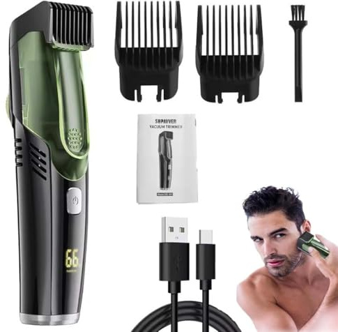 Built-in Vacuum Trimmer for Men, IPX7 Waterproof Electric Beard & Mustache Trimmer with Adjustable Length Comb, Rechargeable Electric Beard Cutting Kit, Facial Hair Groome for Husband or Boyfriend