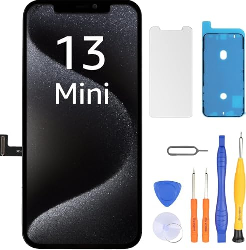 LL TRADER Display für iPhone 13 Mini 5.4 LCD Ersatzbildschirm und Kits | Retina FHD 3D Touch Digitizer Rahmenmontage mit Wasserfestem Klebeband und Displayschutzfolie (True Tone Programmierbar)