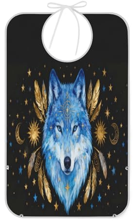 Loancwa Bavoir de protection pour adulte avec récupérateur de miettes pour personnes âgées, cadeaux de style bohème motif loup