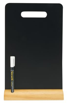 SECURIT - Silhouette Tischkreidetafel CARRY + Weißer Marker - Doppelseitige Tischkreidetafel mit Griff - Ständer aus lackiertem Holz - Cafés, Bars, Restaurants - 33,5x21x6cm - Naturfarben/Schwarz