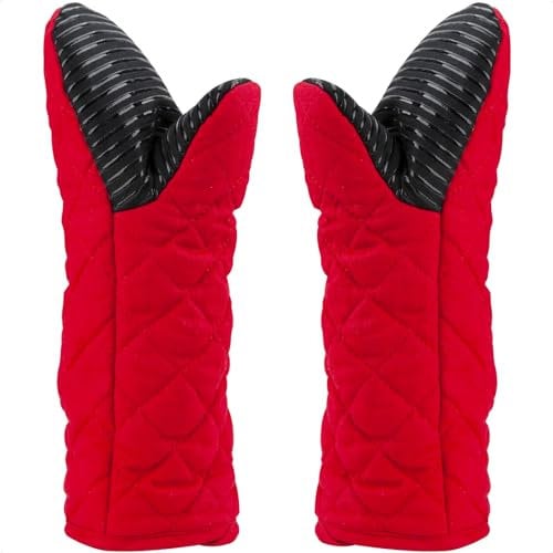 Gants de Four Double Mitaine Four,Caoutchouc Coton Gants de Barbecue Universel Gants de Cuisine Résistant à la Chaleur Long Épais Doux Oven Gloves Paire pour Cuisine Grillage Cuisson Pizza 500℉ Rouge