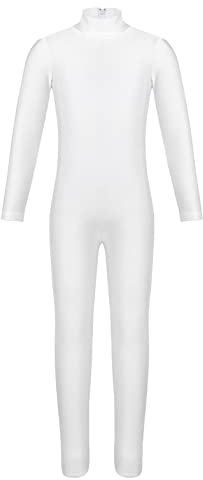 TiaoBug Mädchen Ballettanzug Langarm Ballett Trikot Rollkragen Ganzkörperanzug Kinder Einteiler Jumpsuit Kostüm Overall Elastischer Gymnastik Body Turnanzug Rollkragen Weiß 140-152