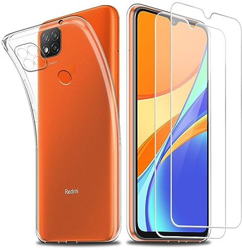 Hülle kompatibel mit Xiaomi Redmi 9C / 9C NFC / 10A,Weich Transparent TPU Handyhülle Schutzhülle mit Zwei Gehärtetes Glas Schutzfolie Displayschutzfolie für Xiaomi Redmi 9C / 9C NFC / 10A