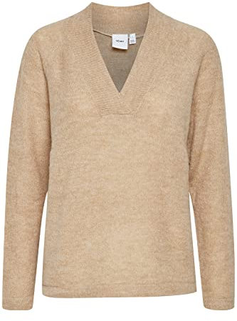 ICHI IHKAMARA V LS Damen Strickpullover Feinstrick Pullover Strickpullover mit V-Ausschnitt Slim-Fit, Größe:L, Farbe:Nomad (161212)