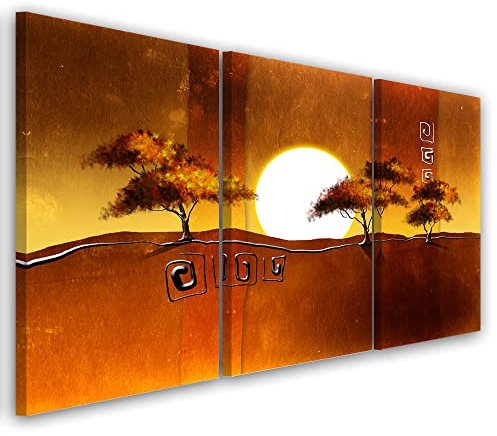 Feeby 3-teilig Wandbild 120x60 cm Sahara Afrika Bäume Sand Druckbild Leinwandbild Wandbild Kunst Bilder Schlafzimmer Deko Wohnzimmer Hitze Brennende Sonne Oase Braun