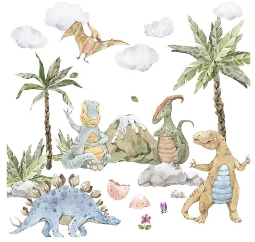 Grandora XXL Dinosaurier Wandtattoo Palme Wandsticker Dino für Baby Kinderzimmer Wandaufkleber Wanddeko DL818-5