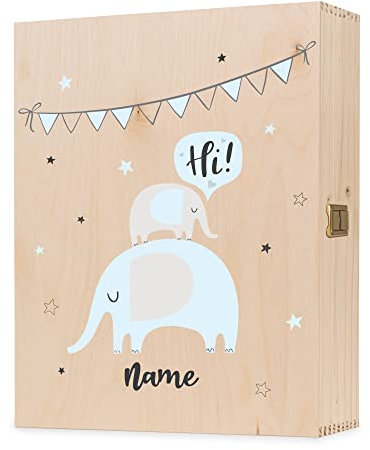GRAVURZEILE Bedruckte Holzkiste für Kinder- Elefant Blau Design - Personalisiert mit Wunschtext - ca.38x30,5x10 cm - Erinnerungsbox Aufbewahrungsbox aus Holz - Farbe: Große UV Kiste
