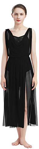 OBEEII Femme Adulte Robe De Danse Lyrique Élégante sans Manches Écharpe sans Dos Col Drapé Justaucorps Jupe en Tulle Costume De Performance Ballet Tulle Ourlet Fendu Robe De Danse Fluide Noir B L