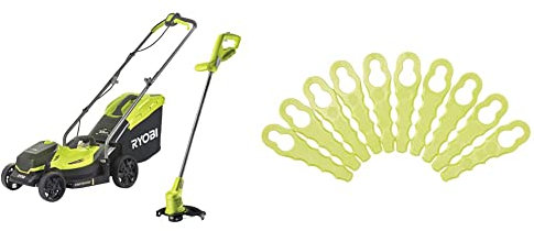 Ryobi 18V ONE+ Cordless Lawnmower and Grass Trimmer Kit (1 x 4.0Ah) & RAC158 Heavy Duty Blade Replacements (10 pack)