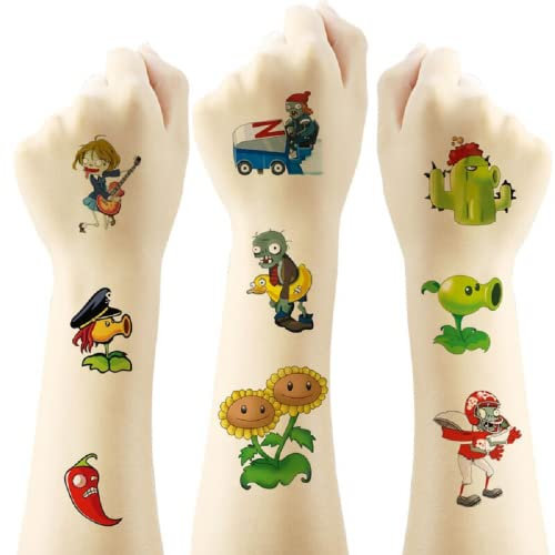 Plants vs. Zombies, 4 hojas de tatuaje temporal infantil para niños y niñas,Adecuado para fiestas de cumpleaños, actividades en grupo, pegatinas de tatuajes infantiles...