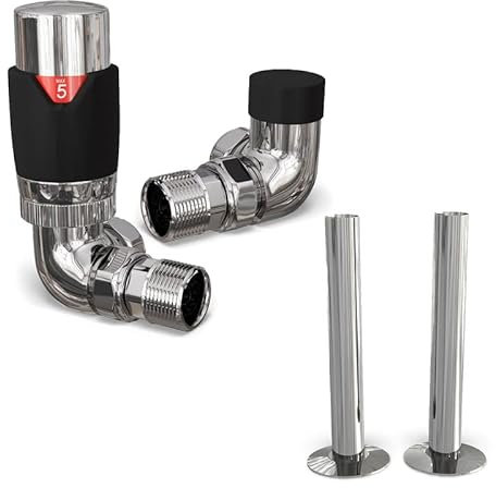 UK Radiators Black Thermostatic Radiator Valves and Corner Lockshield Valve - Matt Black Finish - Modern Design 1/2 x 15mm Corner Radiator Valves with 130mm Pipe Covers
