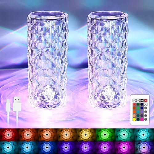 LED Tischlampe aus Kristall, Crystal Diamond Lamp, Kristall Lampe, Acryl Diamant Nachttischlampe [16 Farben & 4 Modi ] Mit Fernbedienung, RGB Farbwechsel Nachtlicht, USB Aufladbar Acryl Tischleuchte