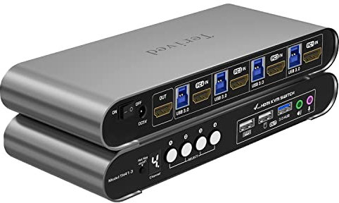 HDMI KVM Switch 4 in 1 Out with Hotkey Mouse Switching, Audio Mic Support, 4K@60Hz, USB 3.0 Hub, Digital Display, Terived Aluminum KVM with Cables Included