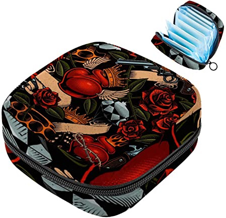 Menstruationspad-Tasche mit Reißverschluss, Damen-Serviettenbeutel, Tampons, Sammelbeutel für Frauen und Mädchen (Liebesherz, Pistole, Rosenmuster)