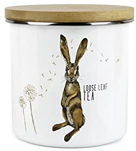 Purely Home Hares and Dandelions Loose Leaf Tea Storage Canister by Rhiannon Chauncey - White Metal Enamel Kitchen Food Storage Container