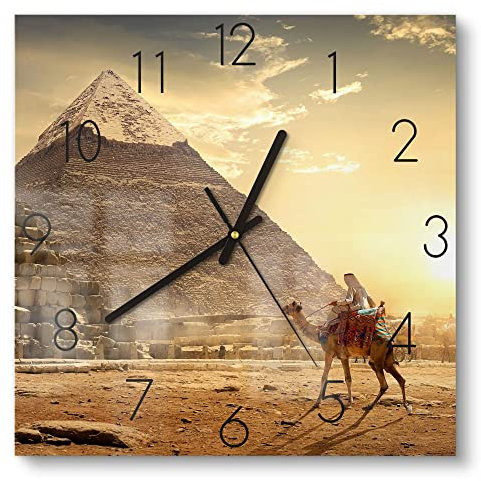 DEQORI Glasuhr | 30x30 cm | Motiv Kamelritt in der Wüste | ausgefallene leise Design Uhr aus Glas | Wanduhr für Wohnzimmer & Küche | Moderne Hingucker Uhr für die Wand