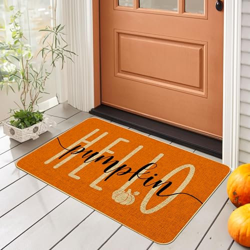 Hello Pumpkin Door Mat Welcome Decorative, Autumn Thanksiving Pumpkin Farmhouse Outdoor Indoor Patio Entrance Door Mats Low Profile Non Slip Outside Inside Floor Mat Rugs for Home Decor 29x 17Inch