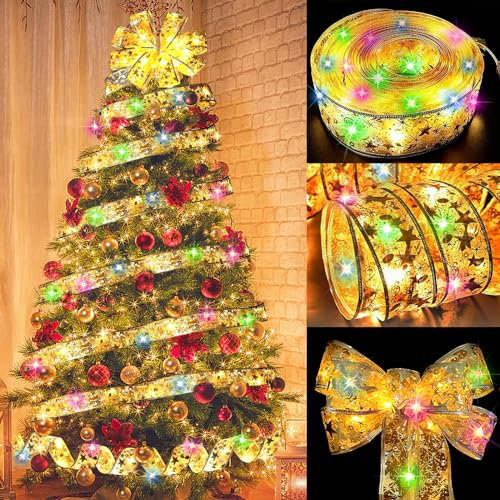 Weihnachtsband Lichter, 10M LED Glänzende Band Lichterkette, Schleife Weihnachtsbaum Lichter, Weihnachtsbaum Band, Batteriebetrieben für Weihnachtsbaumschmuck, Party, Hochzeit, Urlaubsdeko