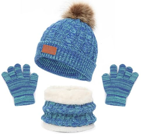 LINSOCLE 3in1 Kinder Wintermütze Schal Handschuhe Set, Mädchen Winter Schal Handschuhe Set für Kinder Jungen 2-6 Jahre