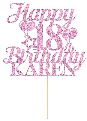 Happy 18th Birthday Cake Topper Personalised Cake Decorations Double-Sided Glitter Cake Topper Custom Cake Toppers with Any Age & Name for 18th 21st 30th 40th 50th 60th(Baby Pink)