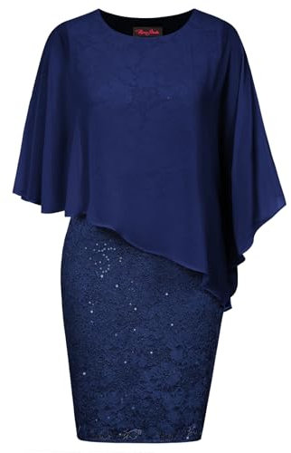 Hanna Nikole Damen Cape Spitze Cocktailkleid Chiffon Pencil Kleid für Hochzeit Dunkelblau 48