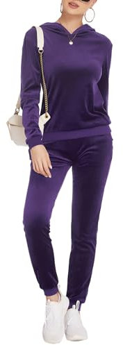 Hotouch Tuta da donna tuta da jogging tuta in velluto per il tempo libero in due pezzi top e pantaloni cappuccio con tasche viola M