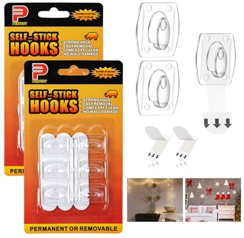 Ainiv 2-Packs 12 Hooks Large Light Clips with Adhesive Strips, Damage Free Hanging String Light Hooks, Clear Wall Clips for Indoor Outdoor Hanging Lights Xmas Decor and Cables, 12 Clips and 12 Strips