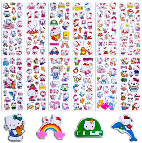 12 Stück Kitty Aufkleber, 3d Puffy Sticker Mädchen, Aufkleber Wasserfest, Kinder Sanlio Sticker Set Mitgebsel Kindergeburtstag Gastgeschenke für Skateboards, Bottle, Tablets, Schultaschen, Türen