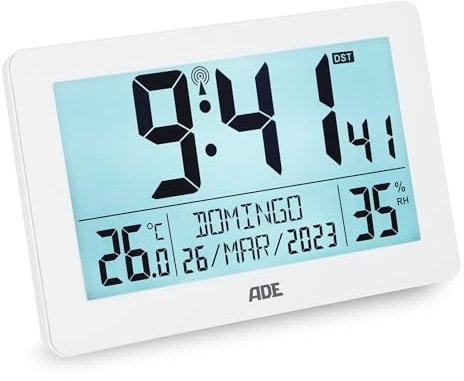 ADE Reloj Digital XL Radio-controlado con dígitos Muy Grandes | Reloj de Mesa con 2 Horas de Alarma e iluminación | termómetro e higrómetro | Marco Delgado Blanco