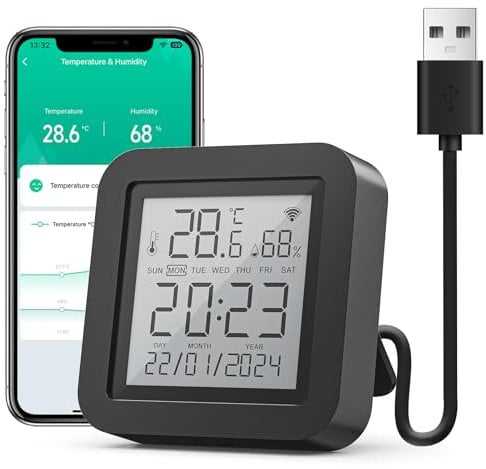 GHome Smart WLAN Thermometer Hygrometer, Smart Infrarot-Fernbedienung, Digital Temperatur luftfeuchtigkeitsmesser mit App-Benachrichtigungsalarm, kompatibel mit Alexa und Google Assistant(1 Pack)