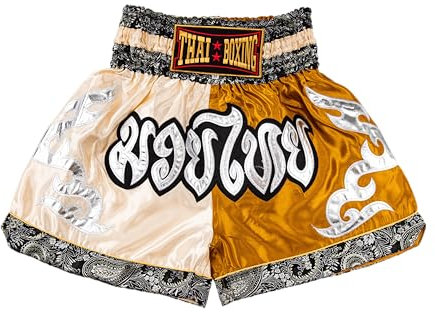 MUAY NATION Muay Thai Shorts für Männer Frauen Slim Cut MMA Boxshorts Training Kickbox-Kleidung Kampfsport-Shorts (DE/NL/SE/PL, Alphanumerisch, L, Regular, Regular, Creme/Gold)