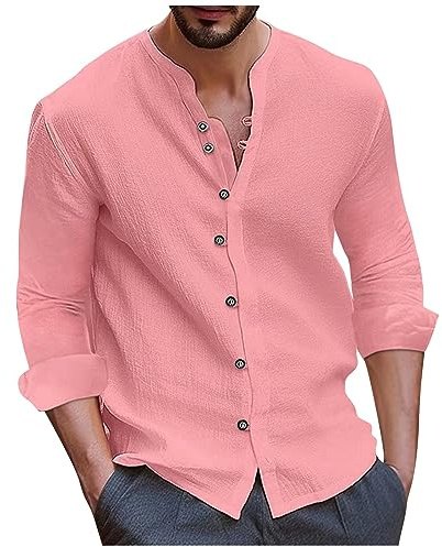 Chemise Lin Homme Col Mao Viking Tunique A Manches Longues Tee Shirt Homme Coton Chemise sans Repassage Hippie Chemisette pour Homme Rose 3XL