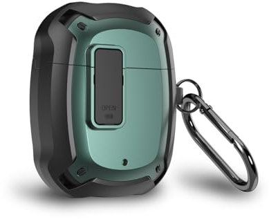 KQXG Case for Google Pixel Buds A - Dual Layer Protection with Exterior Hard PC & Interior Soft Silicone, Shockproof, Secure Lock, Metal Hook, LED Visibility -Black Green