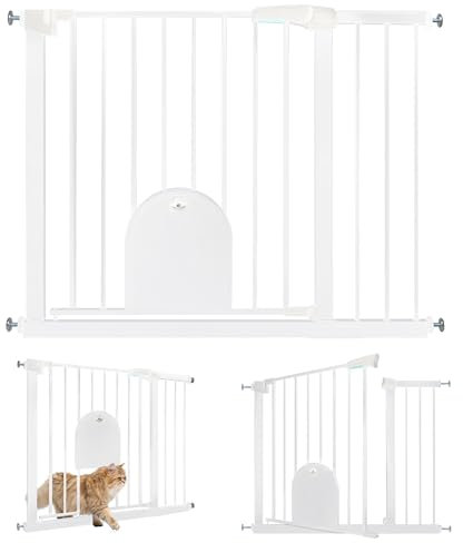 UISEBRT Treppenschutzgitter Türschutzgitter Ohne Bohren für Breiten 95-105 cm Treppengitter mit Katzentür Haustiertür, Selbstschließend, Einhändiges Öffnen Metall Gitter, Weiß