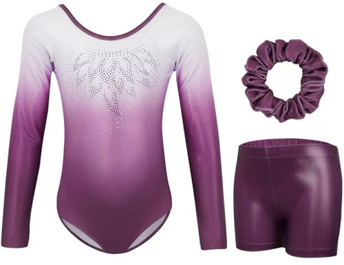 Gogokids Mädchen Dreiteilige Gymnastikanzüge, Langärmliges Gymnastik Set mit Shorts und Haarband, Glitzernde Balletteinheitstrikots - Gymnastik Outfit mit Farbverlaufdesign für 3-4 Jahre