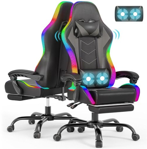 Devoko Sedia da Gaming con Massaggiante Schienale Regolabile 90-135°, Sedia Gaming con LED e Poggiapiedi Telescopico,Poltrona Gaming Ergonomica Portata 150 kg (Gray)