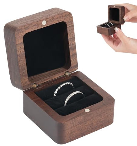 Ringbox Holz, Ring Box, Massive Walnuss Ringschatulle mit Samt Interieur, Ringschachtel für Heiratsantrag, Verlobung, Hochzeit und Tägliche Lagerung (5,5x5,5x3,8cm)