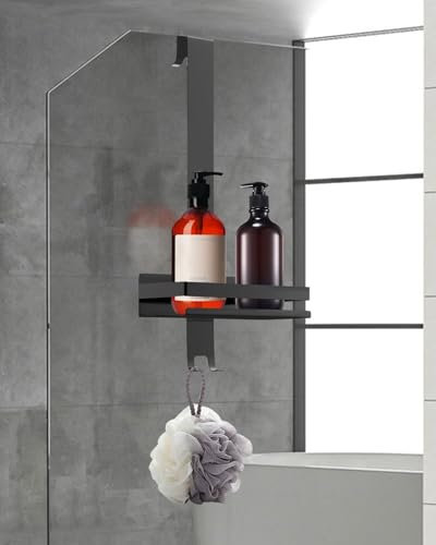 GOOPOOL Mensola Doccia da Appendere, Portaoggetti in SUS 304 Acciaio Inox da Appendere al Porte Doccia in Vetro, Porta Shampoo Doccia da Appendere, Adatta a Porte in Vetro Cornice fino a 16 mm Nero