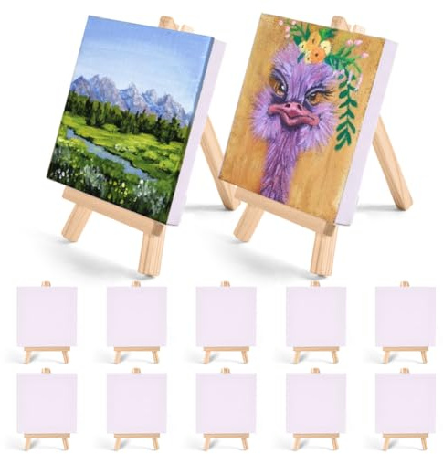 AMFUN Mini Easel with Art Canvas, Mini Canvas and Easel, Wooden Artist Tripod for Party Drawing,Oil Painting,Tabletop Art and Handicrafts (10 Pack) - L10 x W10cm (3.93 x 3.93 inches)