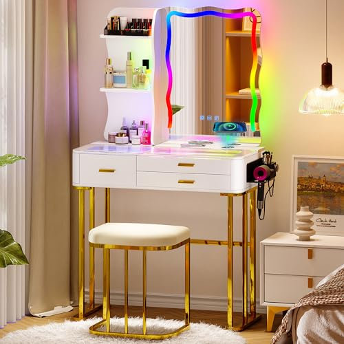 Gurexl Schminktisch mit Spiegel, RGB LED Weiß Schminktisch mit Hocker Beleuchtung Schubladen Glasplatte 3 Schubladen Lippenstiftständer, Haartrocknerständer Frisiertisch für Schlafzimmer Wohnzimmer