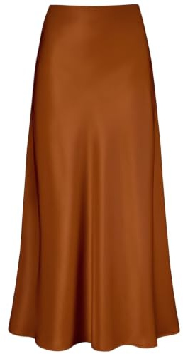 Outoshe Women's Satin High Waisted Maxi Skirts Hidden Elasticized Waistband A Line Long Skirt, Solid Caramel, S