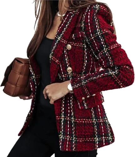 Veste à Carreaux Tendance à la Mode pour Femmes Veste à Carreaux à Revers en Tweed rétro élégante Veste de Bureau décontractée (Rouge,XL)