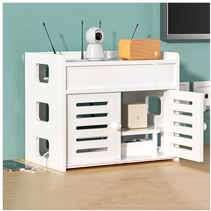 HANSULAN 2 Layer WiFi Router Storage Box Wooden Router Shelf With With Cabinet Door, Desktop WiFi Router Storage Box Decorative Power Strip Cable Management Hider Box-B