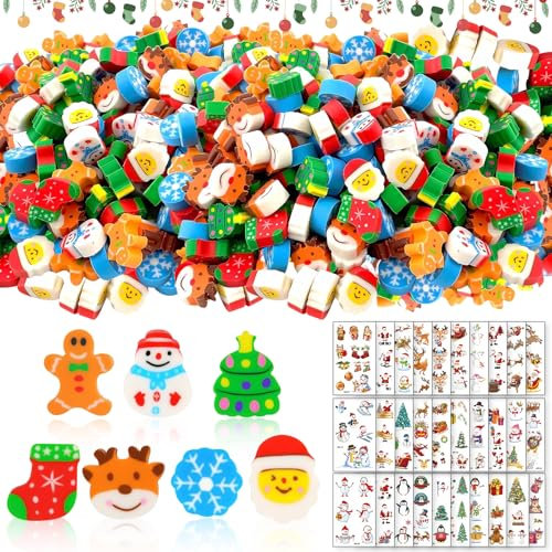 Shinybox 230 Stück Weihnachten Radiergummi Kinder Set, 200 Stück Weihnachten Radiergummi + 30 Stück Weihnachts Tattoo Aufkleber, Cartoon Weihnachten Kinder Radierer, Kinder Mitgebsel Geschenk Spiele