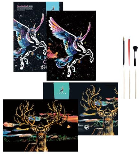 Georgie Porgy Kratzbilder Set DIY Bastelsets für Kinder Erwachsene Magic Rainbow Scratch Paper A3 Tier Kratzpapier für Weihnachten Geburtstagsgeschenk mit Kratzwerkzeuge Kit (A3-Einhorn + Hirsch)