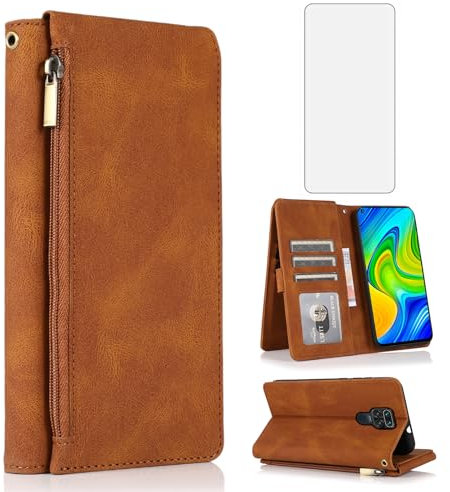 Asuwish Funda tipo cartera compatible con Xiaomi Redmi Note 9 / Redmi 10X 4G (6.5 pulgadas), protector de pantalla de vidrio templado y cremallera, funda de piel con tapa, tarjetero, para Redme Note9,