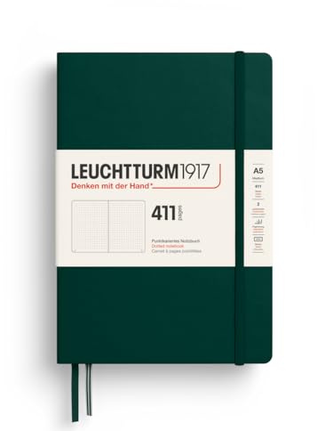 LEUCHTTURM1917 372928 Notebook 411 Medium (A5), Hardcover, 411 Numbered Pages, Forest Green, Dotted, More Thoughts, More Ideas, More Memories, More Pages | Dotted, Forest Green, acid-free 80 g/m² paper, 160 additional pages, traditional German brand