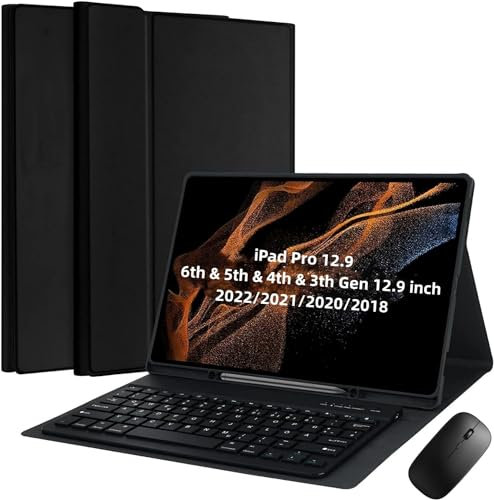 Per iPad Air 13 Pollici (M2-2024, M3-2025) con Tastiera Italiano (QWERTY), custodia per iPad Pro 12,9 Pollici (6a, 5a, 4a, 3a generazione)con Tastiera, Portapenne e Mouse Integrati, Nero Keyboard Case