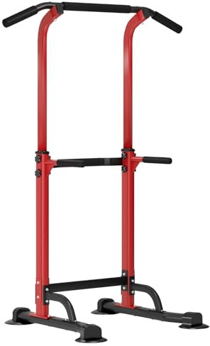 SDHYL Power Tower Kraftstation Klimmzugstange Dip-Stationen Höhe Verstellbar Schlingentraining Bauchtrainer Rückentrainer Für Anfänger Profis Trainieren Fitness (Rot/Schwarz)